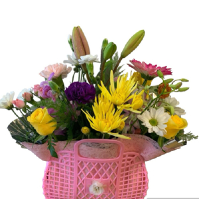 Mother’s Day’s Every Day - Old School shopping basket filled with assorted fresh blooms pinks & whites & mauves & mixed colours , after the flowers are finished you have a cute basket to fill with whatever you like, some flowers with vary due to availability ,so a similar sub will be used